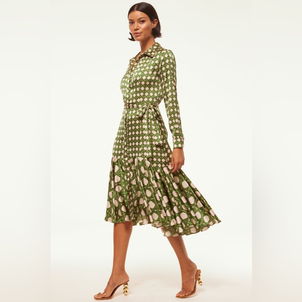 Misa Los Angeles Olive Green Printed Long-Sleeve Midi Shirt Dress
